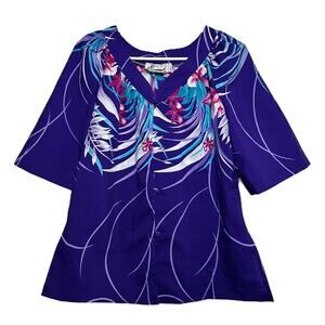 VTG Hilo Hattie's Button Up Blouse 3/4 Wide Sleeve V-Neck Hawaiian Purple M